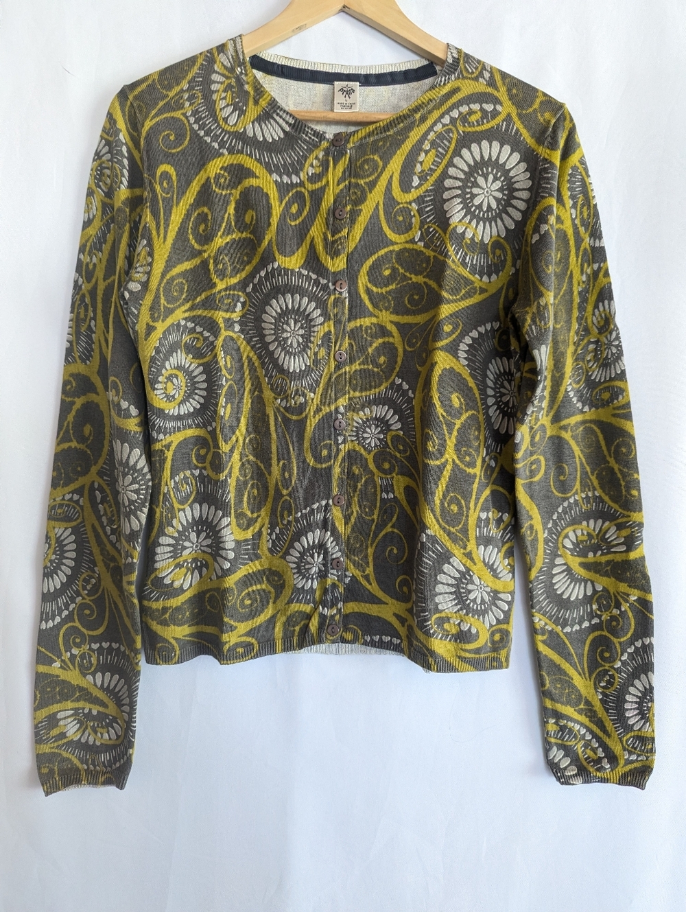Prana Large 100% Cotton Cardigan Gray Green Swirl Button-Front